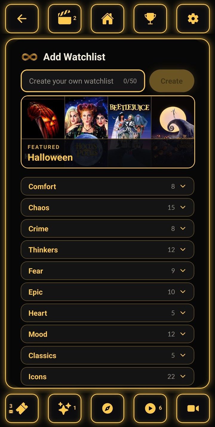 The Add Watchlist screen in ReelOnes, with a box to create your own watchlist
