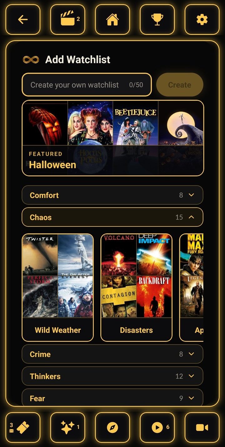 The Add Watchlist screen in ReelOnes, showing ready-made watchlists grouped by category