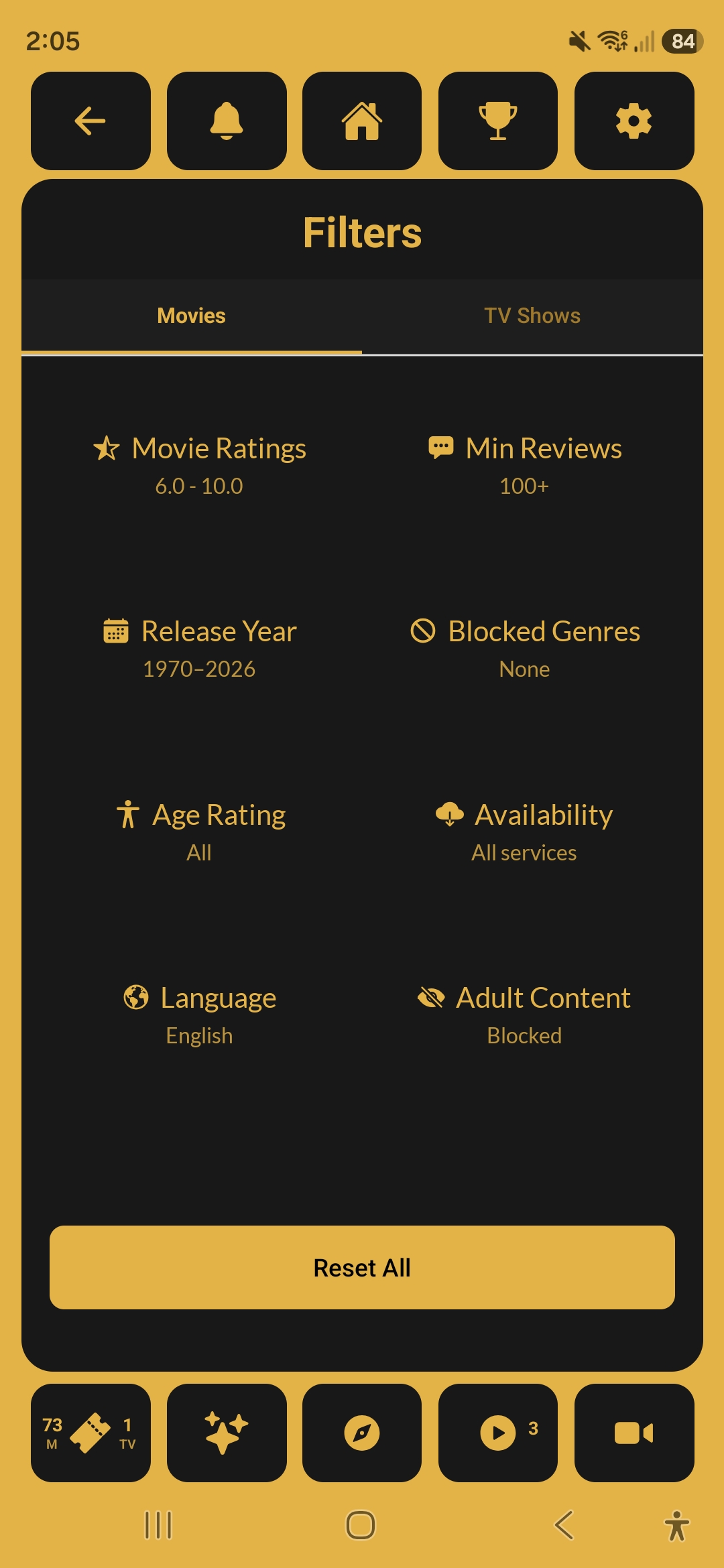 Filters screen
