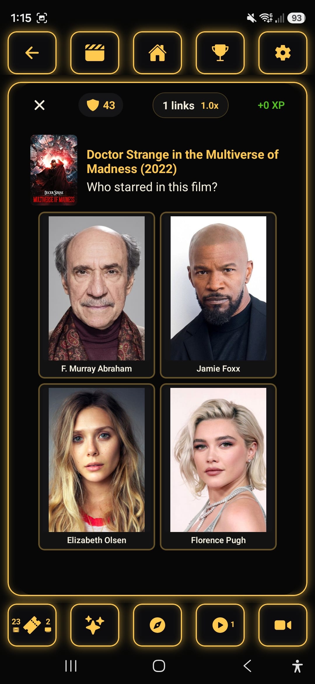 Connections gameplay showing a film poster, the question Who starred in this film, four actor cards, the links counter and the XP multiplier