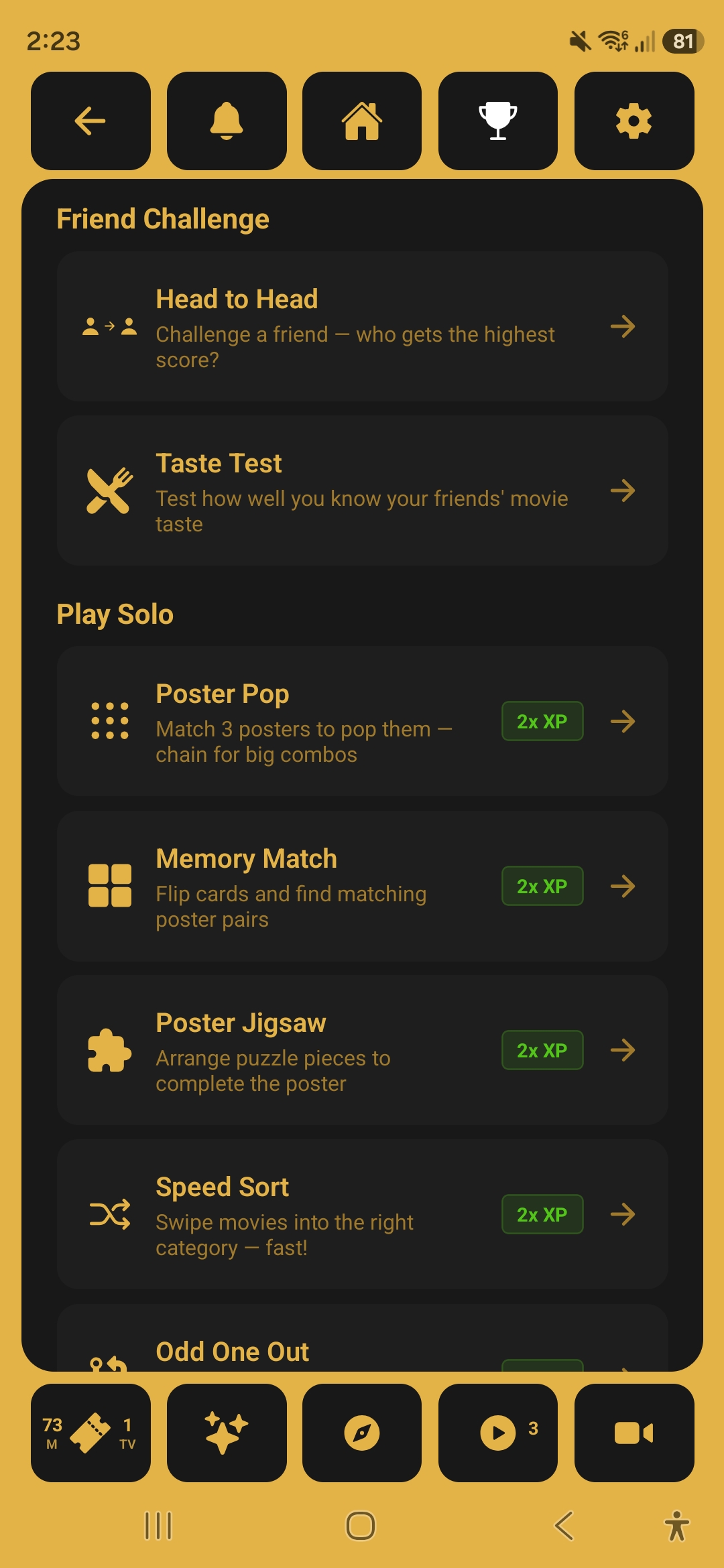 Games hub screen