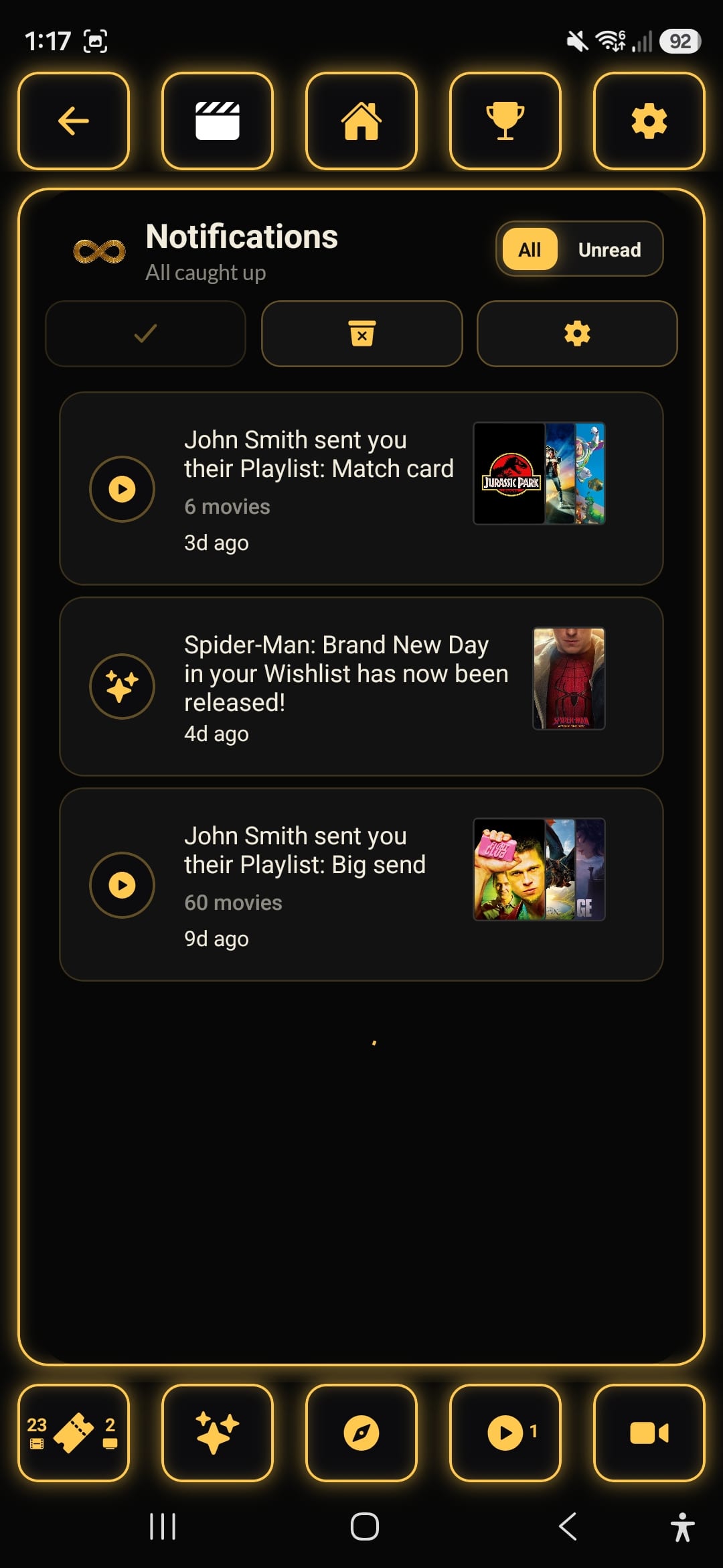 Notifications screen showing playlist and wishlist release alerts, the All and Unread toggle and the three-chip toolbar