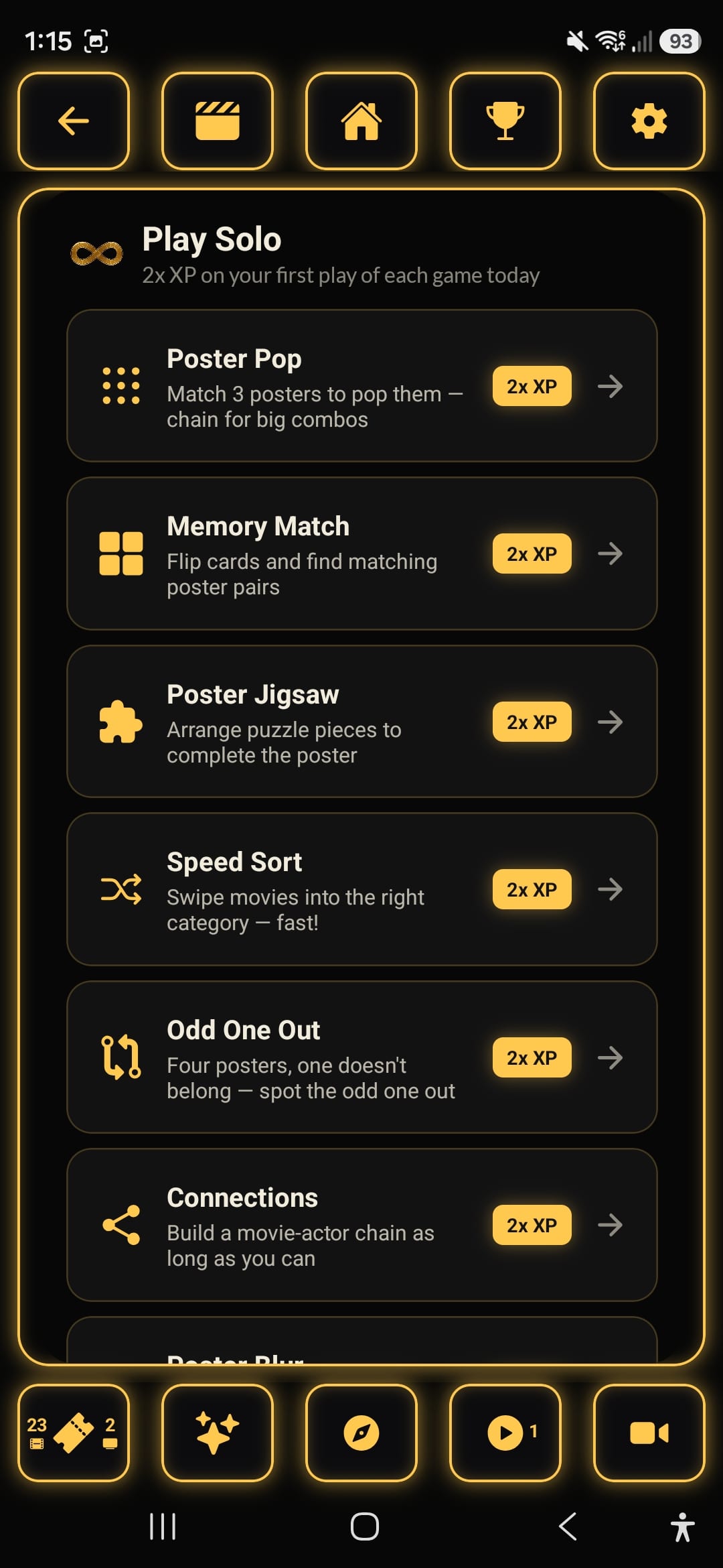 Play Solo screen listing the solo game modes with their descriptions and 2x XP badges