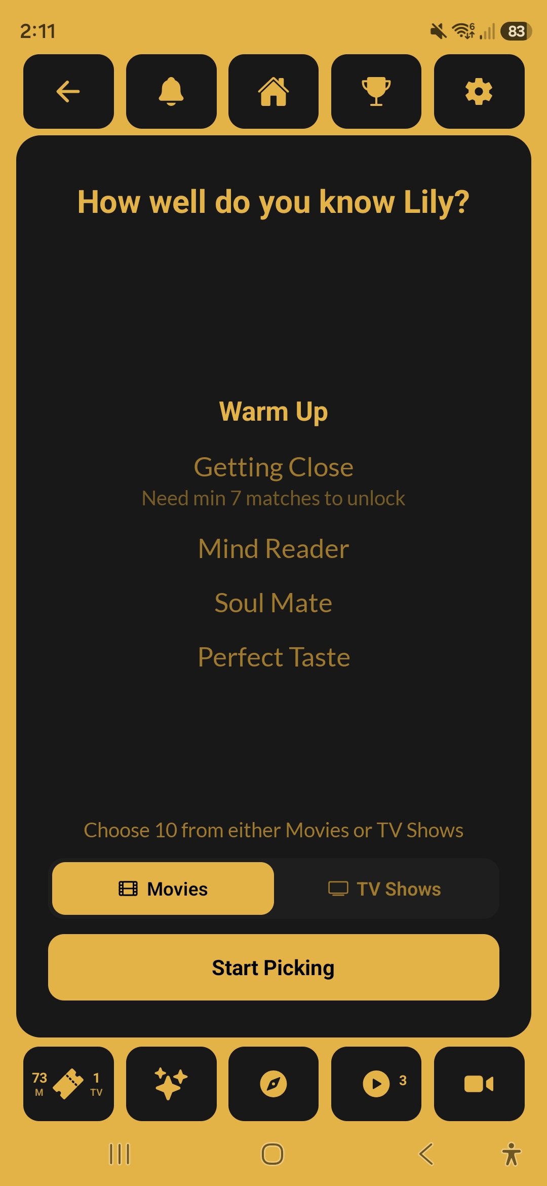 Taste Test screen